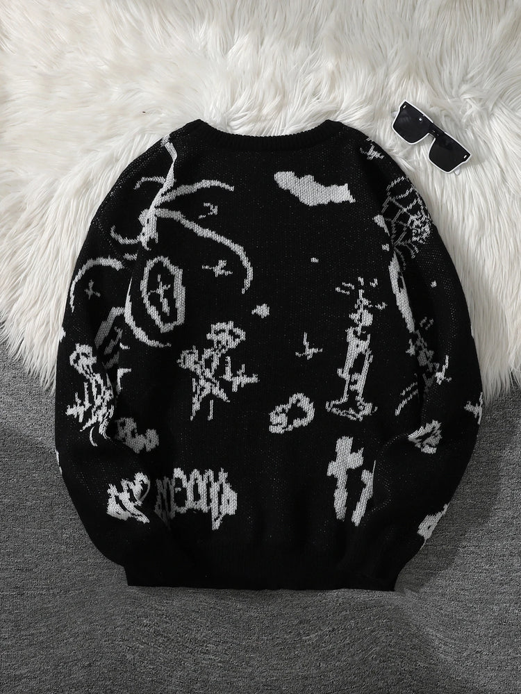 New Trendy Street Graffiti Jacquard Pattern Pullover Sweater, Casual Round-Neck Color-Block Knit Men's Pullover, Suitable for Everyday Wear, Unisex Top for Going Out, Regular Fit, Suitable for Autumn and Winter