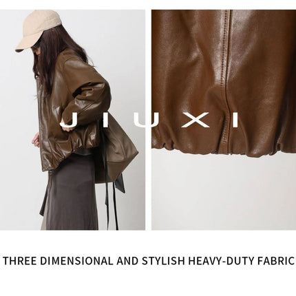 Soft Sheepskin Genuine Leather Cropped Jacket Women Lapel Zip Up Snap Button Side Pockets Casual Autumn Real Leather Outerwear