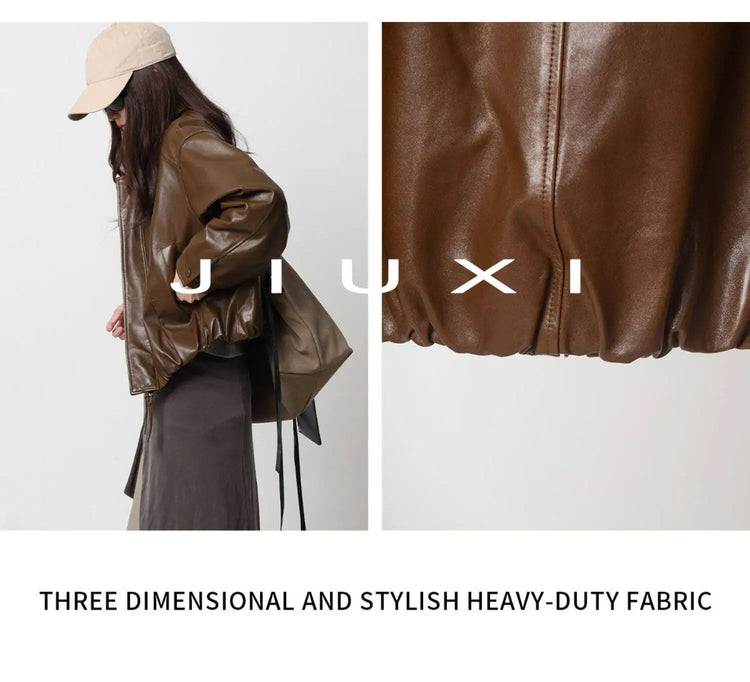 Soft Sheepskin Genuine Leather Cropped Jacket Women Lapel Zip Up Snap Button Side Pockets Casual Autumn Real Leather Outerwear