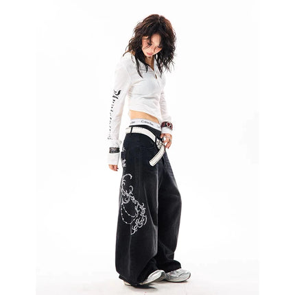 YIBASHU Donna Vintage Ricamo Y2K Jeans larghi Donna Vita alta 2000s Pantaloni in denim a gamba larga Pantaloni Harajuku retrò americani