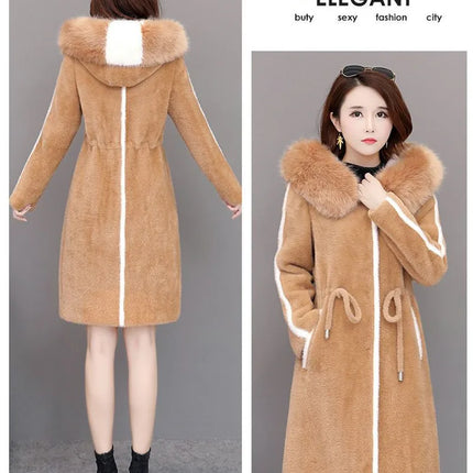 Imitation Mink Fleece Jackets Womens Autumn Winter Thicken Warm Hooded Woolen Coat High End Lady Gold Mink Velvet Wool Overcoat