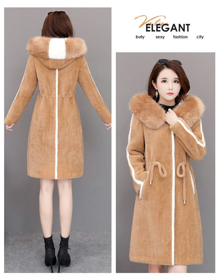 Imitation Mink Fleece Jackets Womens Autumn Winter Thicken Warm Hooded Woolen Coat High End Lady Gold Mink Velvet Wool Overcoat
