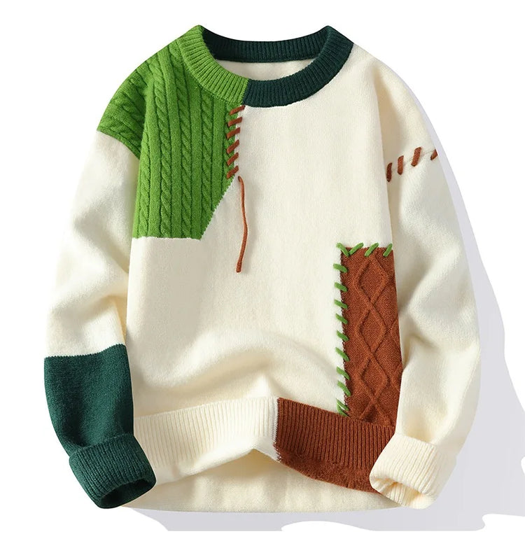 Men Knitted Jumpers Patchwork Sweater O Neck Pullovers Spliced Long Sleeve Jumper Slight Strech Standard Wool 2024 Casual