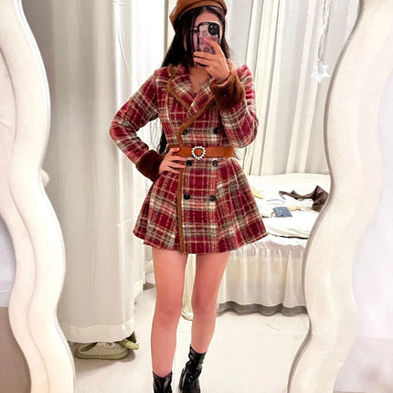 Women's Double Breasted Plaid Coat, Woolen Jacket , V-Neck, Loose Tops, Female Clothes, Sweet, New, Autumn, Winter