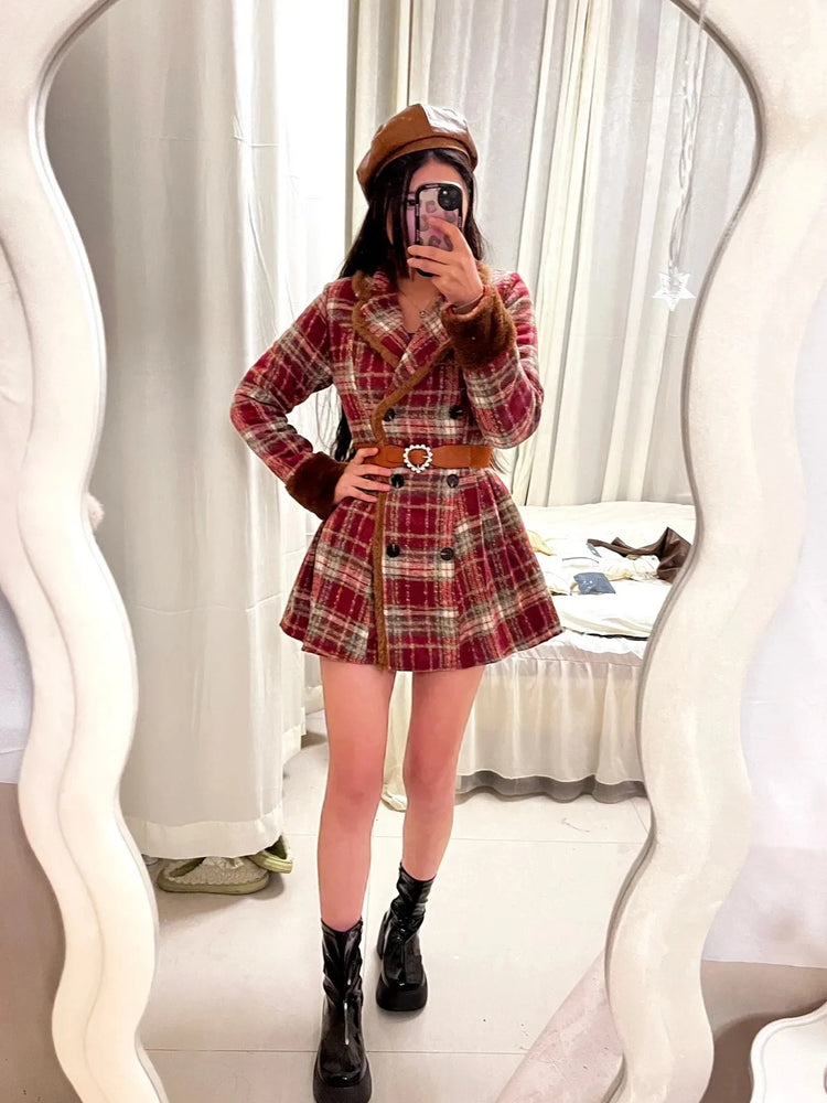 Women's Double Breasted Plaid Coat, Woolen Jacket , V-Neck, Loose Tops, Female Clothes, Sweet, New, Autumn, Winter
