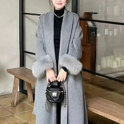 BJTZ Fox Fur Classic Long Double-Sided Pure Wool Coat For Women 2025 New Autumn Winter High-End Woolen Jacket