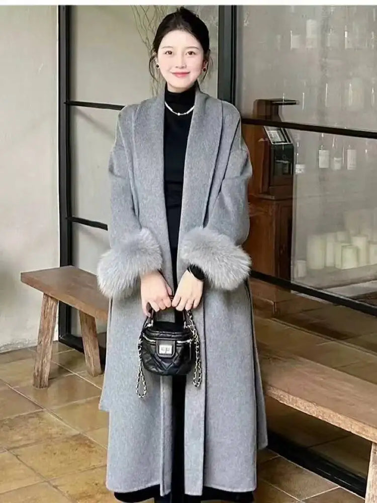 BJTZ Fox Fur Classic Long Double-Sided Pure Wool Coat For Women 2025 New Autumn Winter High-End Woolen Jacket