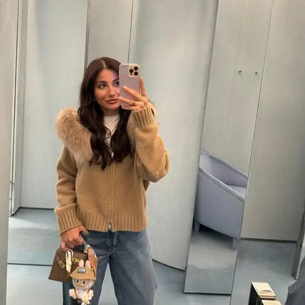 OFTBUY Real Fox Fur Kintwear Women New Spring Autumn Hooded Sweater Female Loose Zipper Kintted Jacket Oversized Cardigan