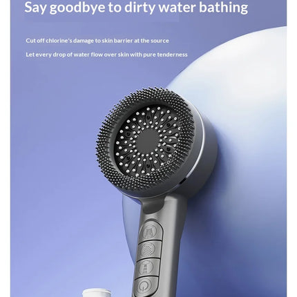 Soffione doccia autopulente a 4 modalità con spazzola in silicone, arresto acqua con un tasto, massaggio ad alta pressione, soffione in ABS con filtro
