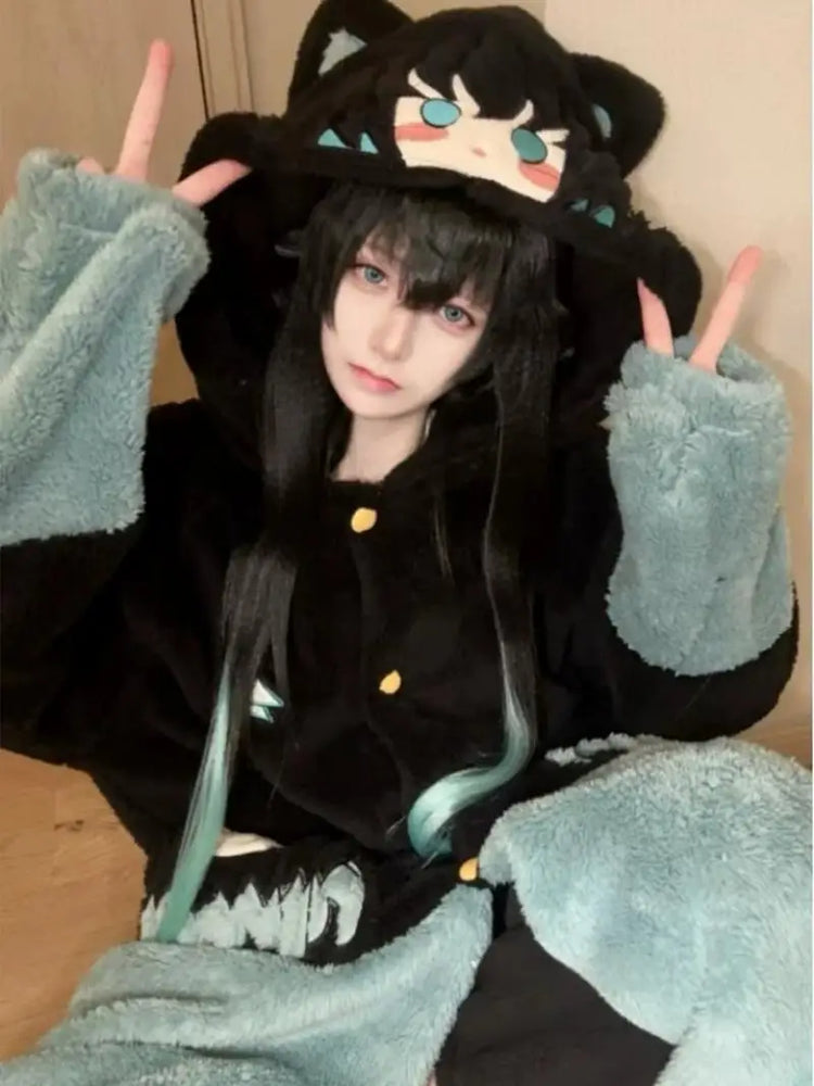 Demon Slayer Kanroji Mitsuri Tokito Muichiro Women Autumn Winter Loungewear Coral Fleece Robe  Love Hashira Cosplay Home Pajamas