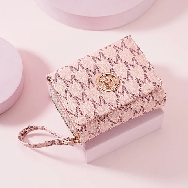 Fashionable Letter Printed Tri-Fold Compact Ladies Wallet Retro Style Card Holder PU Leather Synthetic Interior Daily Use PlatiNum
