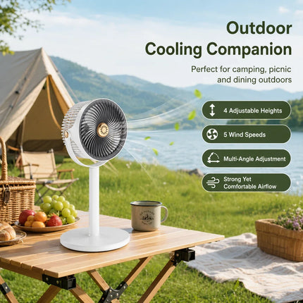 Ventilatore a piantana moderno 2-in-1 con circolazione d'aria, 5 velocità, 4 altezze, silenzioso, portatile, USB-C per casa, camera da letto, ufficio, camper, campeggio