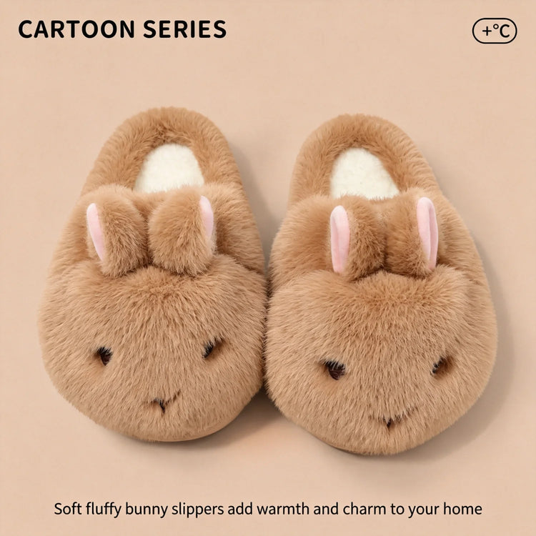 Cute Brown Bunny Plush Slippers Women Winter Warm Rebound Soft Sole House Shoes Indoor Fuzzy Non-Slip Comfortable Home Footwear