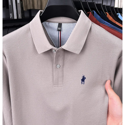 High-end branded long-sleeved polo shirt, 100% cotton, new business men's leisure lapel t-shirt, luxury comfort with Paul pony embroidery