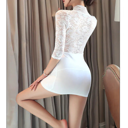 Mengyu Brand Sexy Lingerie Deep V Lace Bodycon Dress Set Pajamas Women's Sexy Lingerie Black White Mesh Lace Nightgown Sleepwear