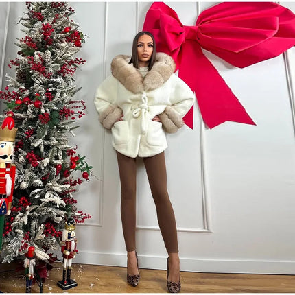Cotton Lined Furry Fur Collar Belts Jacket Women Fashion Long Sleeve Thicken Warm Female Coat 2025 Winter Street Casual Outwear