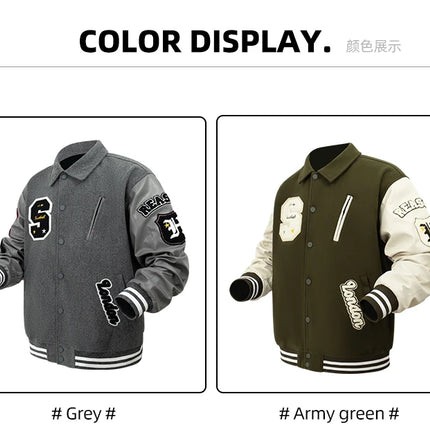 Men's Letterman Jacket Vintage Varsity Coat Patchwork Baseball Streetwear Outerwear with Faux Leather Sleeves & Fine Embroidery