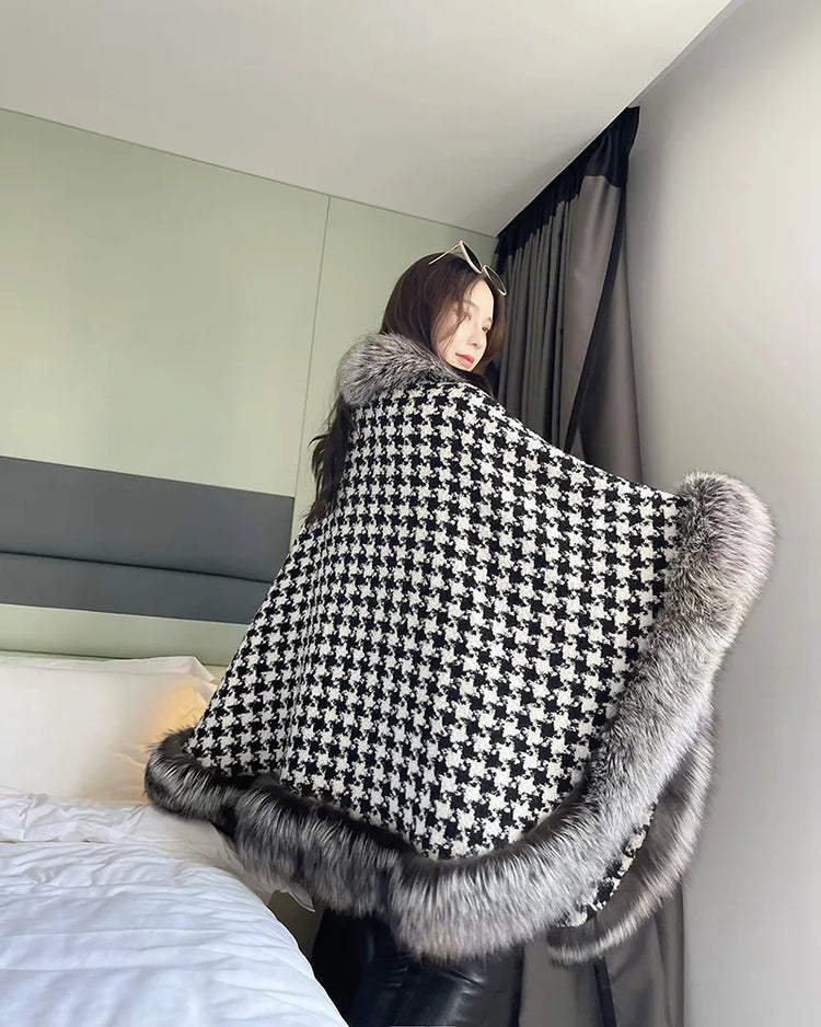 ZADORIN Autumn Winter Luxury Faux Fur Coat Women Elegant Houndstooth Tweed Warm Big Poncho Fur Shawl Cape Women Party Outerwear