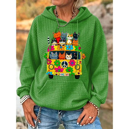 ilstile Women's Hippie Qute Cat Flower Print Hoodies Autumn Outdoor Sports Long Sleeve Casual Loose Round Neck Hooded Hoodies