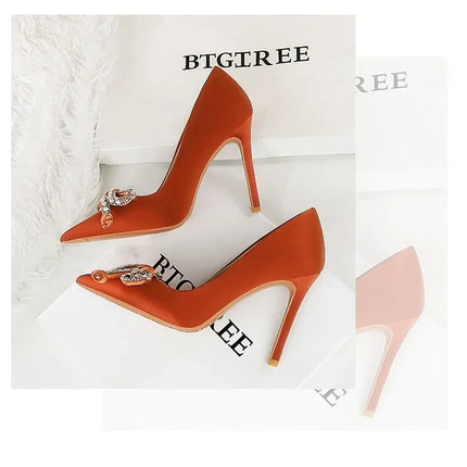 BIGTREE Street Style Lusso Fiocco con strass con punta a punta Tacco sottile Bicchiere da vino in seta Tacchi alti Décolleté da donna
