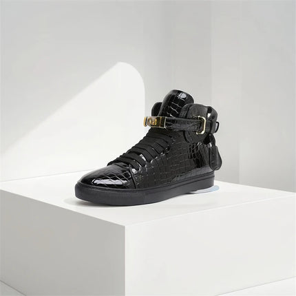 Men Red Crocodile Pattern High Top Sneakers Glossy Patent Leather Metal Buckle Lace-up Casual Shoes Streetwear Male Footwear