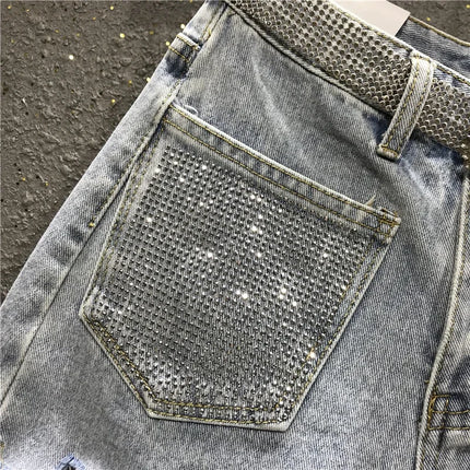 Women's Summer High Waist Rhinestone Tassel Ripped Irregular Blue White Denim Shorts Korean Denim Shorts for Women