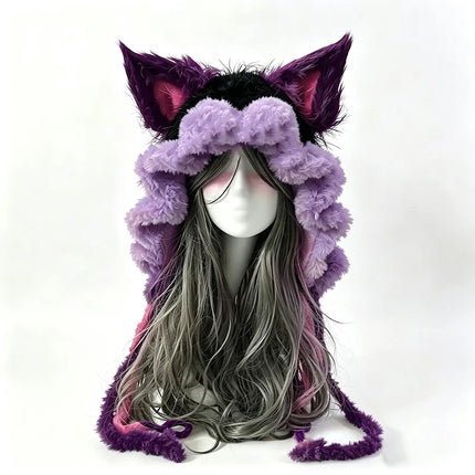 Custom Hand‑Crocheted Black Red Fox Ear Hood Women Soft Knitted Long Ties Beanie Gothic Unisex Dark Fairy Winter Warm Accessory