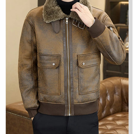 2025 Winter Fur Integrated Leather Jacket Men Thick Velvet Imitation Fur Leather Coat Loose Motorcycle Coat Casual Streetwear