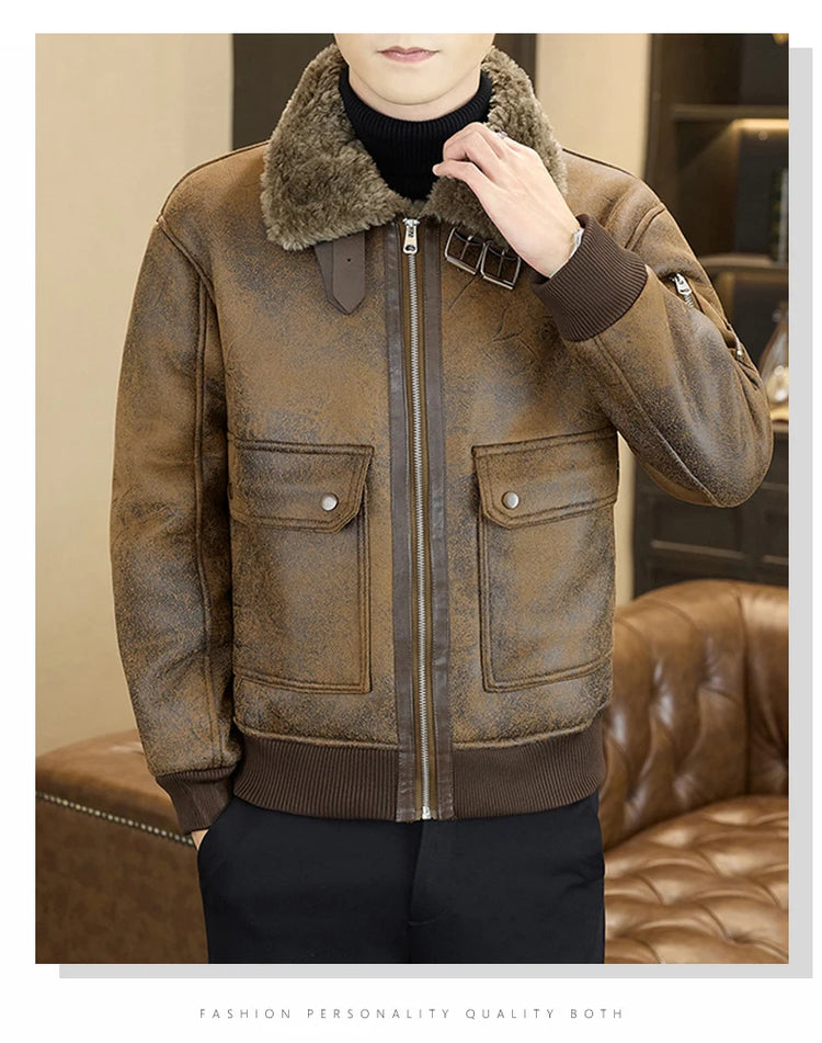2025 Winter Fur Integrated Leather Jacket Men Thick Velvet Imitation Fur Leather Coat Loose Motorcycle Coat Casual Streetwear