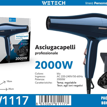 WETECH 2000W Professional Negative Ion Hair Dryer Adjustable Heat And Wind Speed Blow Dryer Cool Shot Function With Concentrator Nozzle & Diffuser 100‑240V Universal Voltage Salon Home Travel Hair Styling Tool