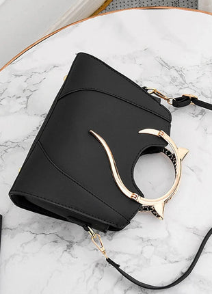 Cat Shaped Handle Women Handbag Trendy And Fashionable, Solid Color, Simple And Casual Crossbody Shoulder Shell Bag PlatiNum