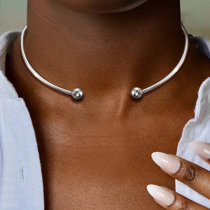 Stainless Steel Solid Ball Necklace for Women Punk Silver Color Adjustable Opening Necklace Bracelet Jewelry Accessories Gift PlatiNum