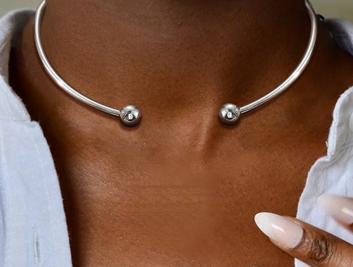 Stainless Steel Solid Ball Necklace for Women Punk Silver Color Adjustable Opening Necklace Bracelet Jewelry Accessories Gift PlatiNum