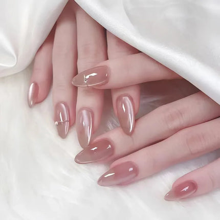 24Pcs Medium Almond Nude‑Pink 3D Textured Metallic Cat‑Eye French Sheer Press‑On False Nails For Nail Art Decor
