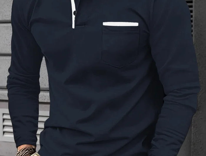 New men's long-sleeve polo shirt, casual sporty style, with lapel collar and decorative buttons, cross-border model.