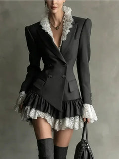 Chic Patchwork Lace Blazer Dress Women Autumn Winter Commute Lapel Long Sleeve Slim Fit Mini Dresses Double Breasted Suit Dress