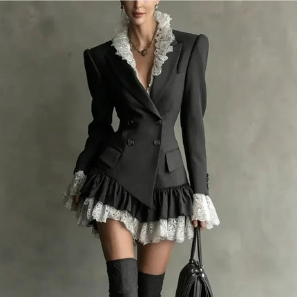 Chic Patchwork Lace Blazer Dress Women Autumn Winter Commute Lapel Long Sleeve Slim Fit Mini Dresses Double Breasted Suit Dress