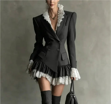 Chic Patchwork Lace Blazer Dress Women Autumn Winter Commute Lapel Long Sleeve Slim Fit Mini Dresses Double Breasted Suit Dress