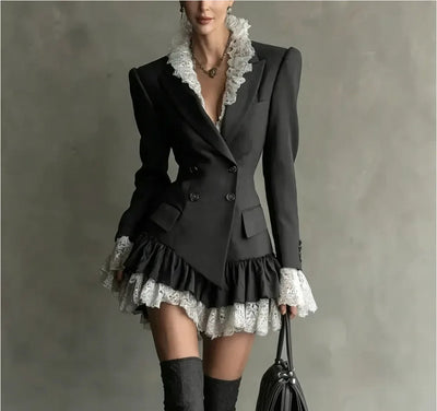 Chic Patchwork Lace Blazer Dress Women Autumn Winter Commute Lapel Long Sleeve Slim Fit Mini Dresses Double Breasted Suit Dress