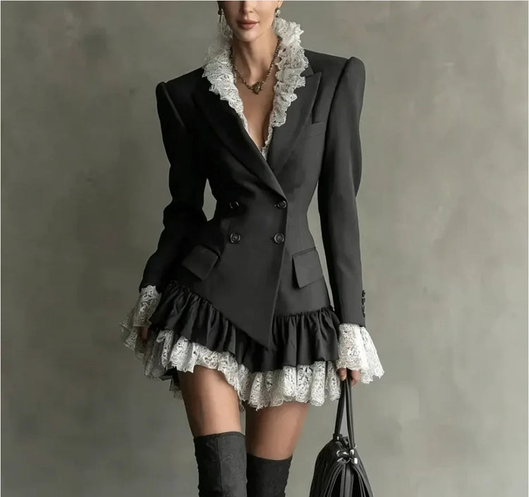 Chic Patchwork Lace Blazer Dress Women Autumn Winter Commute Lapel Long Sleeve Slim Fit Mini Dresses Double Breasted Suit Dress