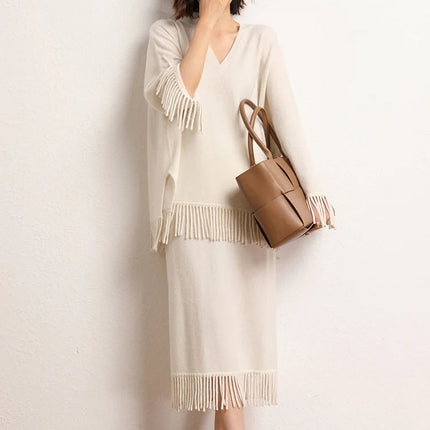 New Straight A-line Skirt Women's 100% Cashmere knitwear Spring Autumn Casual Loose Tassels Soft High Waist Mid Length Skirt PlatiNum