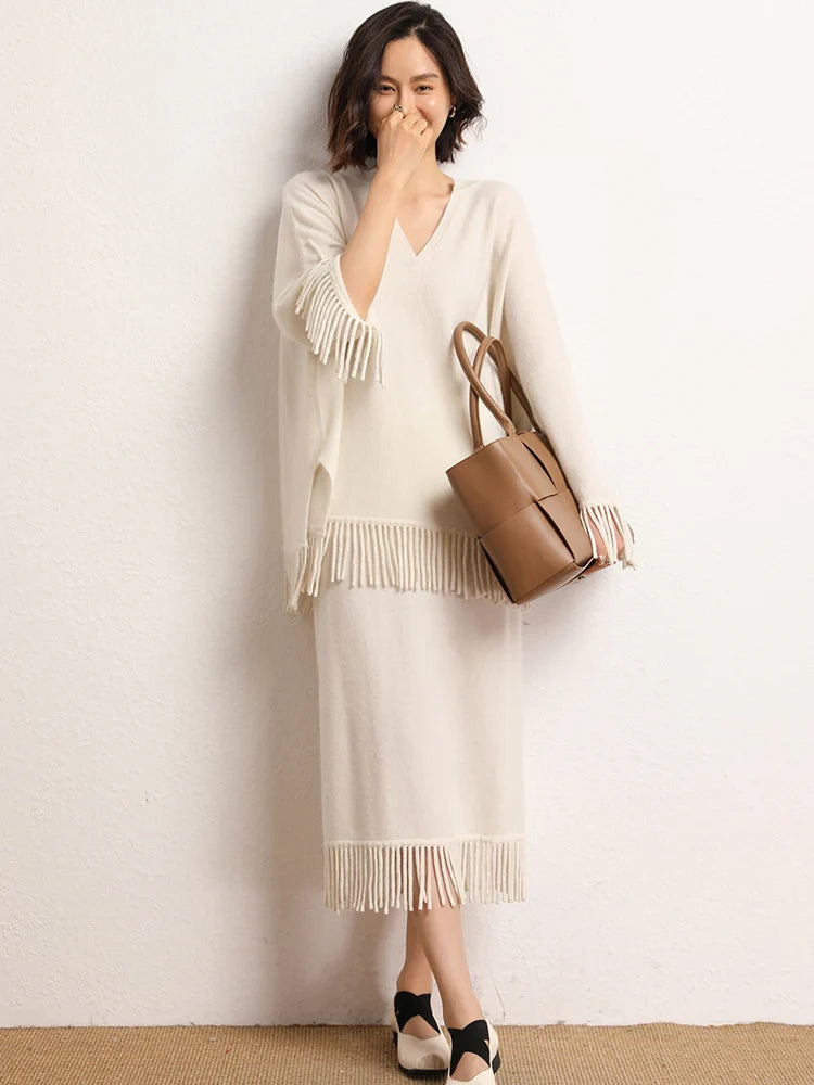 New Straight A-line Skirt Women's 100% Cashmere knitwear Spring Autumn Casual Loose Tassels Soft High Waist Mid Length Skirt PlatiNum