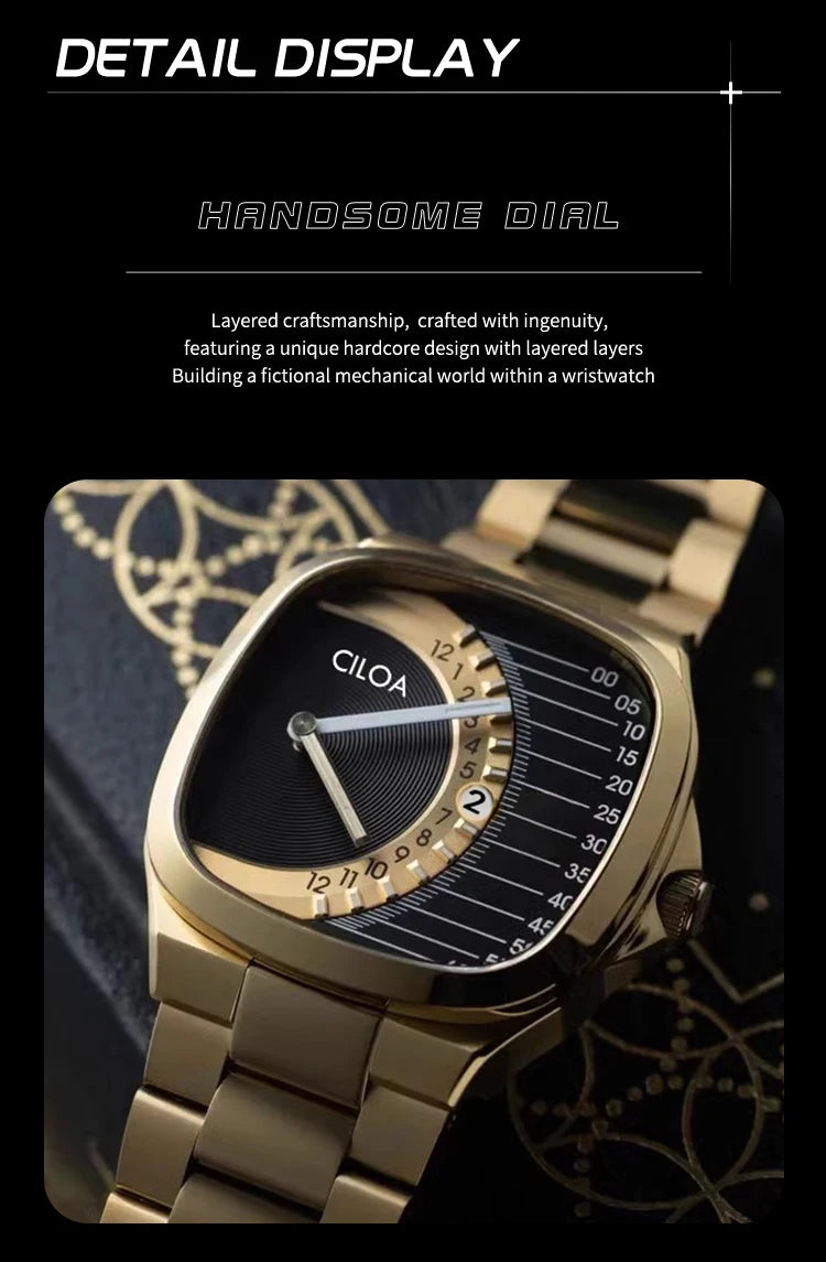 CILOA retro square watch men's light luxury gift 2025 new stainless steel strap gold waterproof men quartz watch brand authentic