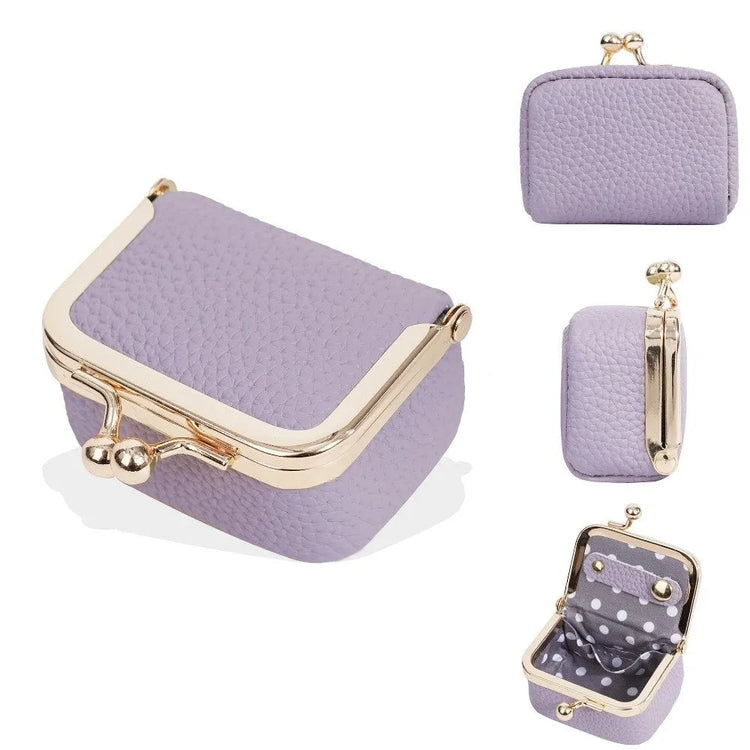 Genuine Leather Kiss Lock Coin Purse Solid Color Multifunctional Leather Jewelry Bag Mini Square Small Item Bag Jewelry Storage PlatiNum