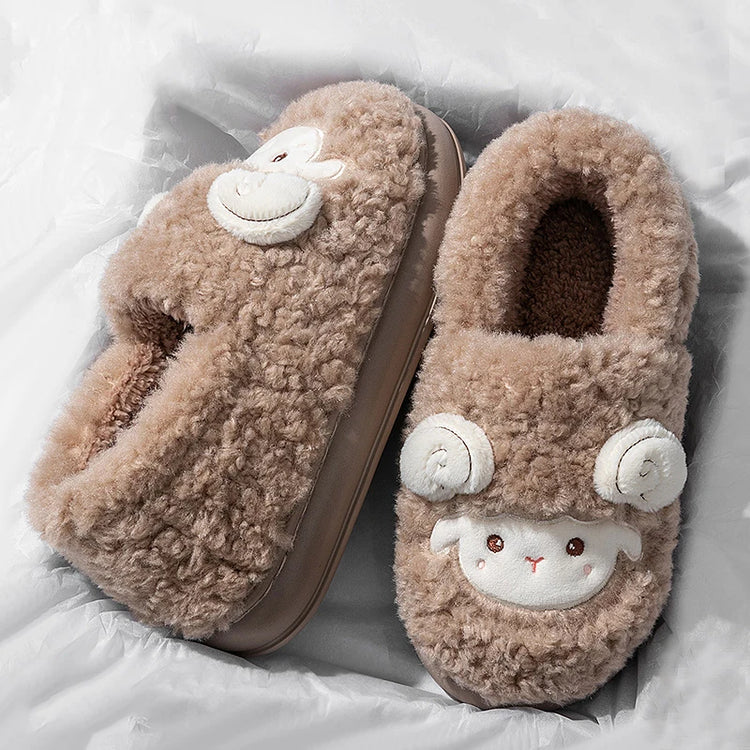 Cute Cartoon Lamb Cotton Slippers Women Indoor Warm Thicken Plush Home Slippers Woman Comfortable Non Slip Fluffy Slides Female