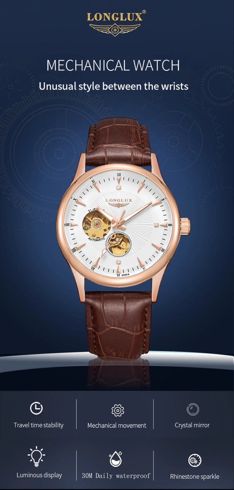 LONGLUX Automatic Watch Elegant Style Wholesale Mechanical Wristwatches Skeleton Rome Waterproof Mens Watch Men Gift