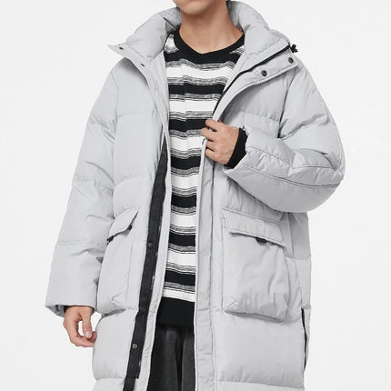 Metersbonwe Men's Long Hooded Down Jacket  Male Stand Collar Jacket with Hem Side Zipper Letter Printing Duck Down Padded Brand