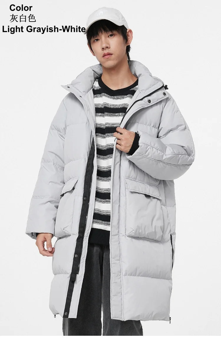 Metersbonwe Men's Long Hooded Down Jacket  Male Stand Collar Jacket with Hem Side Zipper Letter Printing Duck Down Padded Brand