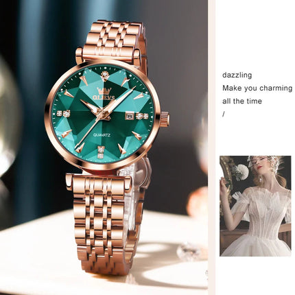 OLEVS 5536 Orologio da donna al quarzo con diamanti di marca di lusso Moda elegante orologio da donna impermeabile in oro rosa con bracciale Set Reloj Mujer platinumshop