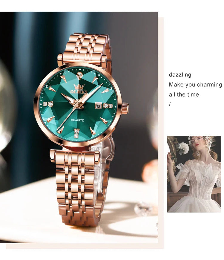 OLEVS 5536 Orologio da donna al quarzo con diamanti di marca di lusso Moda elegante orologio da donna impermeabile in oro rosa con bracciale Set Reloj Mujer platinumshop